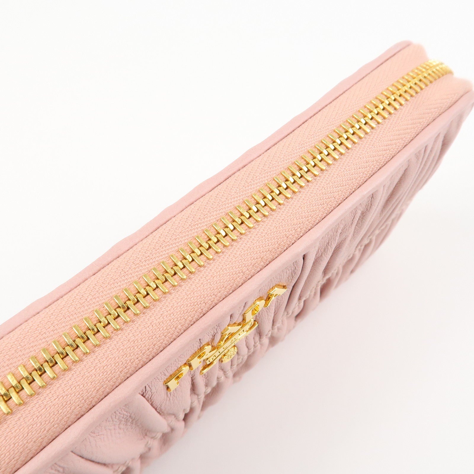 PRADA Leather Gather Round Zippy Wallet Gold Hardware Pink 1M0506 Used
