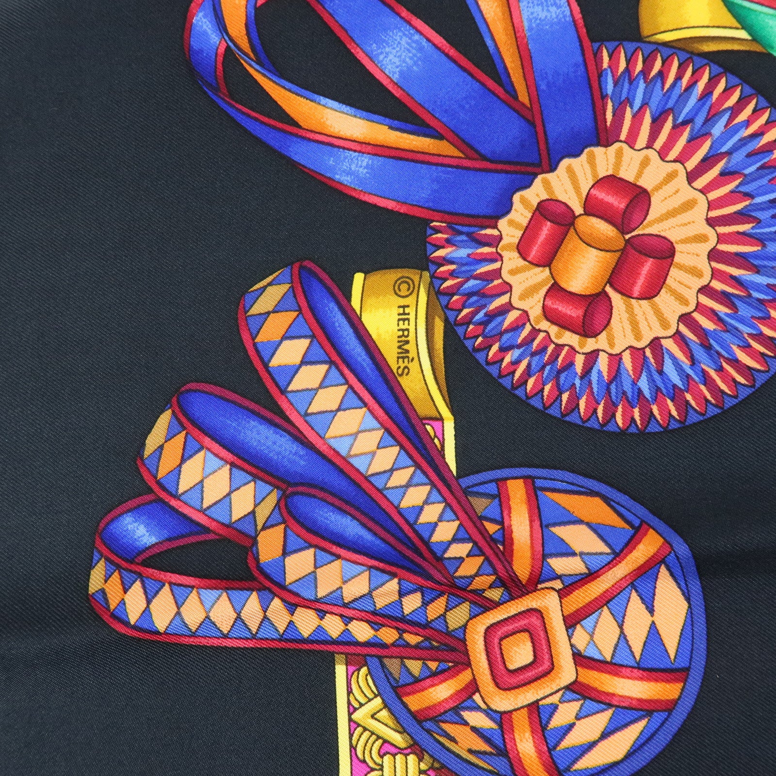 HERMES Carre 90 Silk 100% LES RUBANS DU CHEVAL Scarf Black