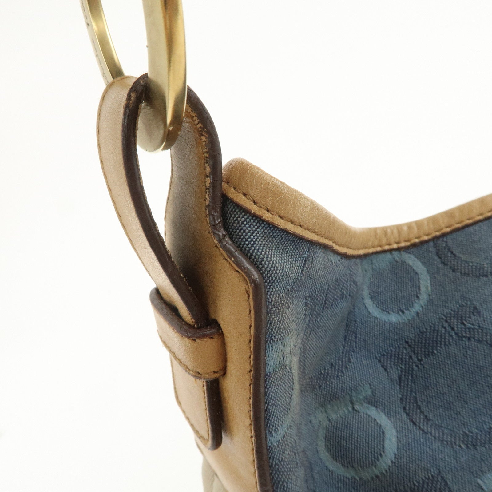 Ferragamo Gancini Canvas Leather Shoulder Bag Hand Bag Blue Beige