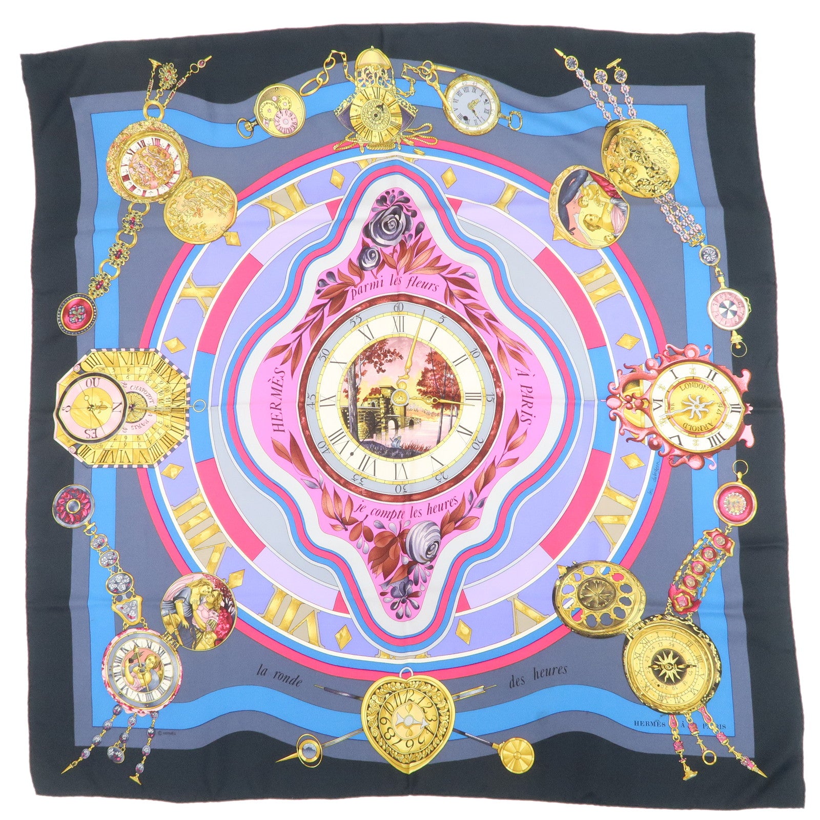 HERMES Carre90 Silk100% Parmi les fleurs je compte les heures Scarf