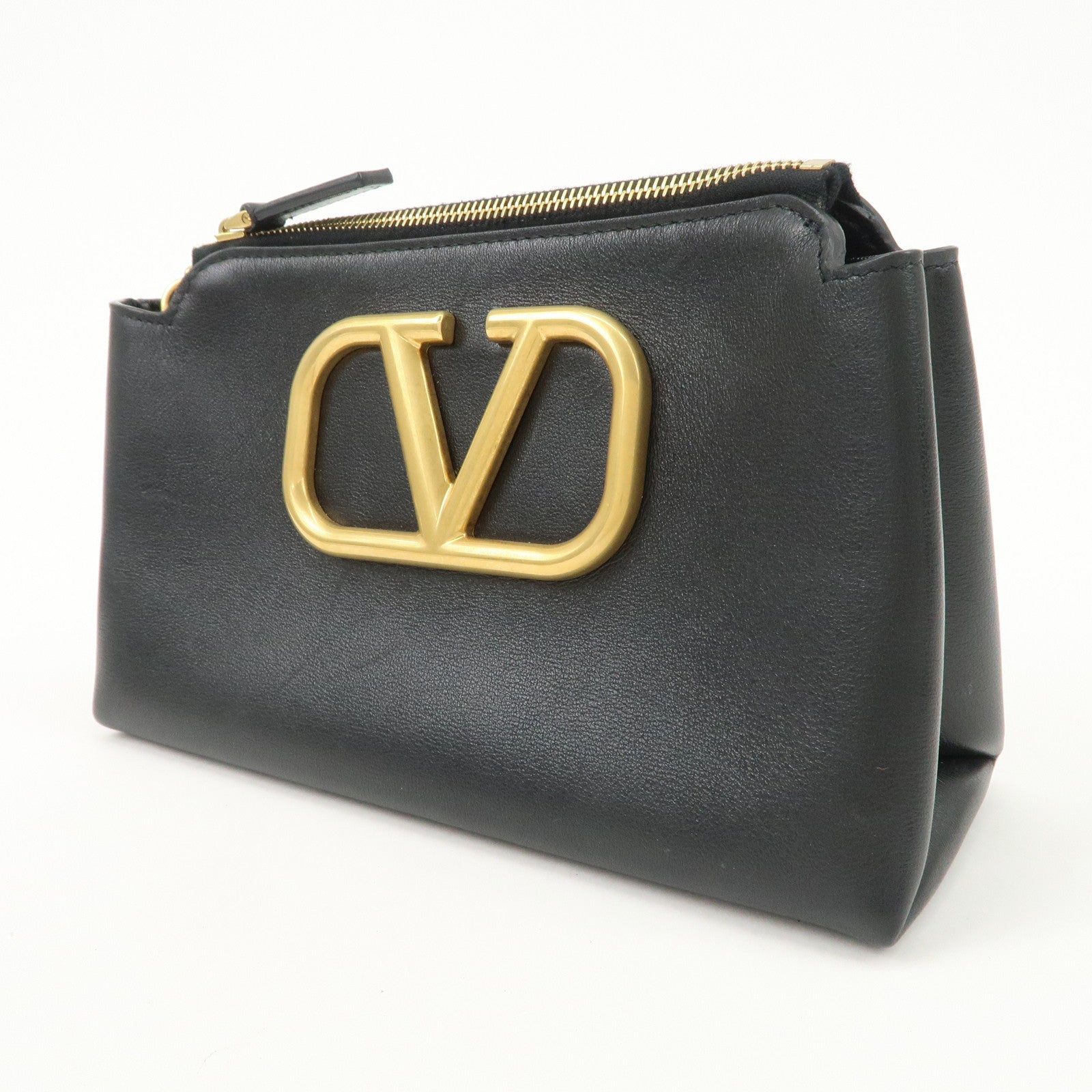 VALENTINO Leather Pouch Clutch Bag Black Gold Hardware