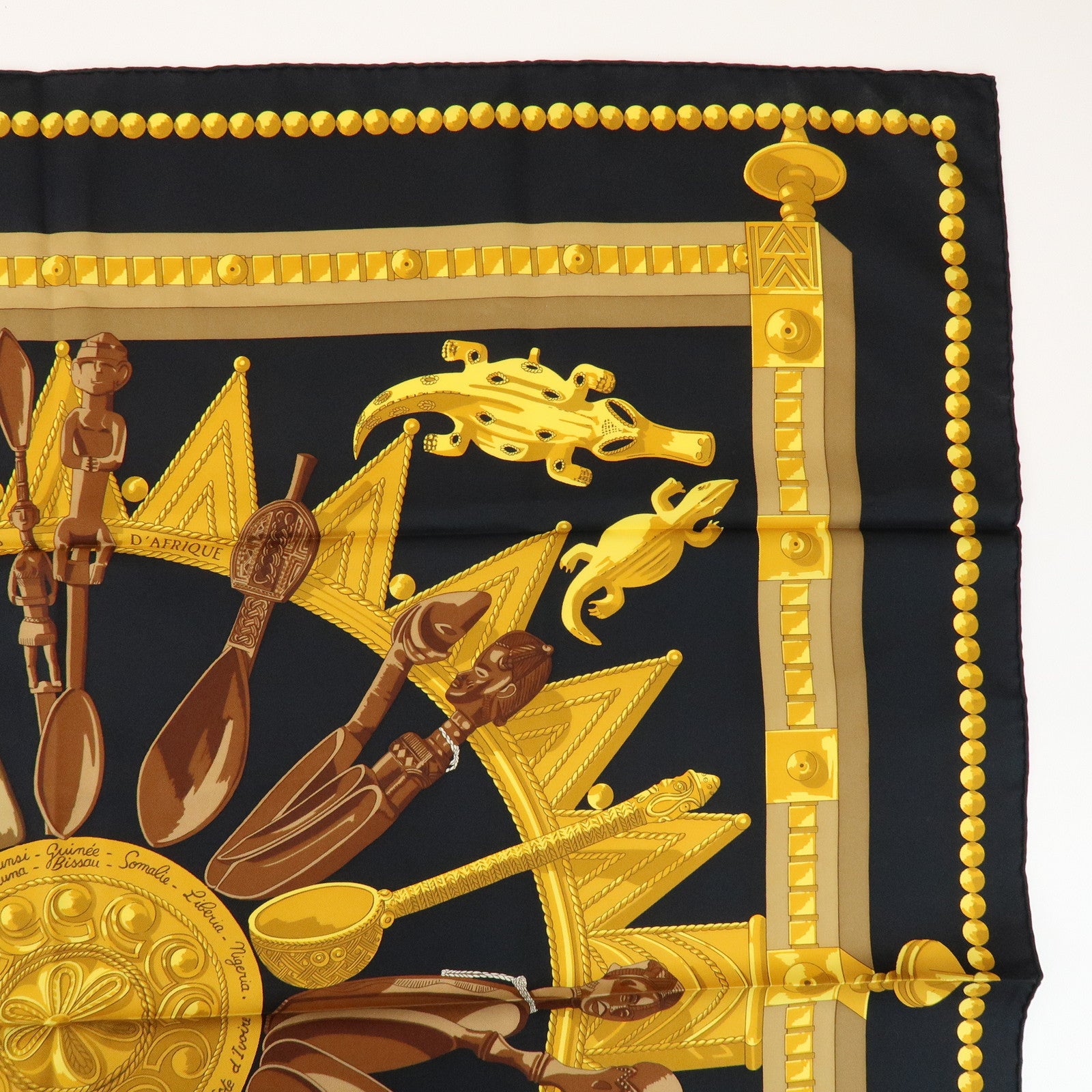 HERMES Carre 90 Silk 100% Scarf CUILLERS D'AFRIQUE Black Gold