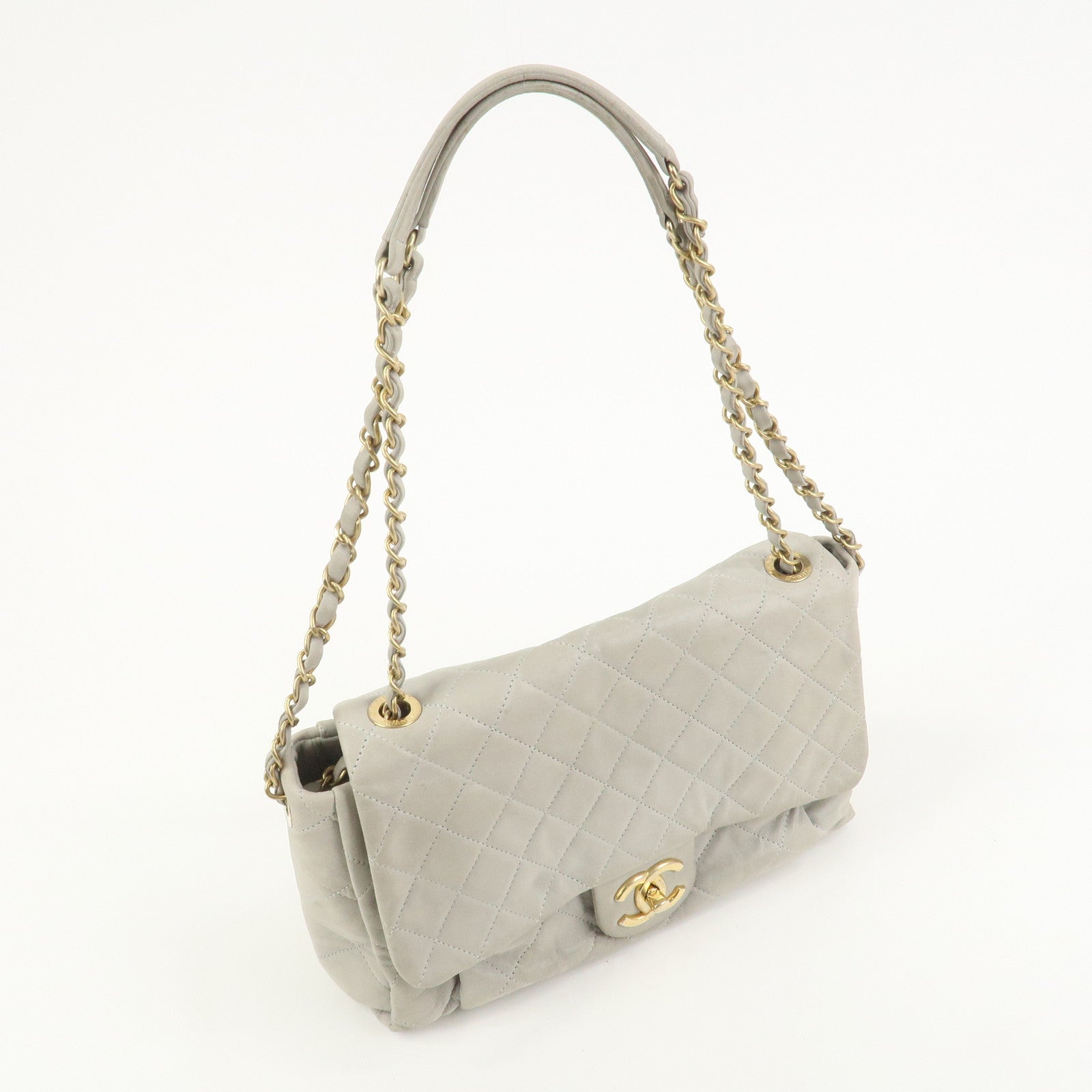 CHANEL Matelasse COCO Mark Shiny Lamb Skin Chain Shoulder Bag Gray
