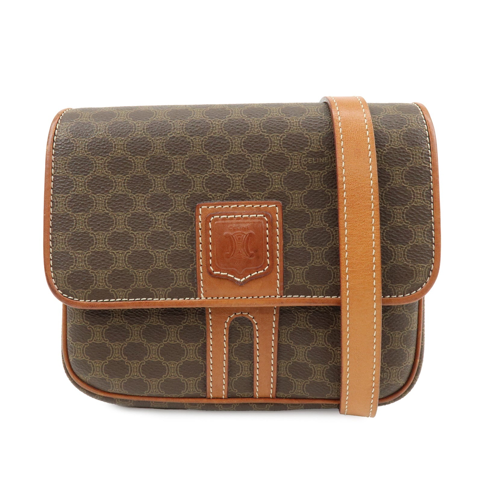 CELINE Macadam PVC Canvas Leather Shoulder Crossbody Bag Brown