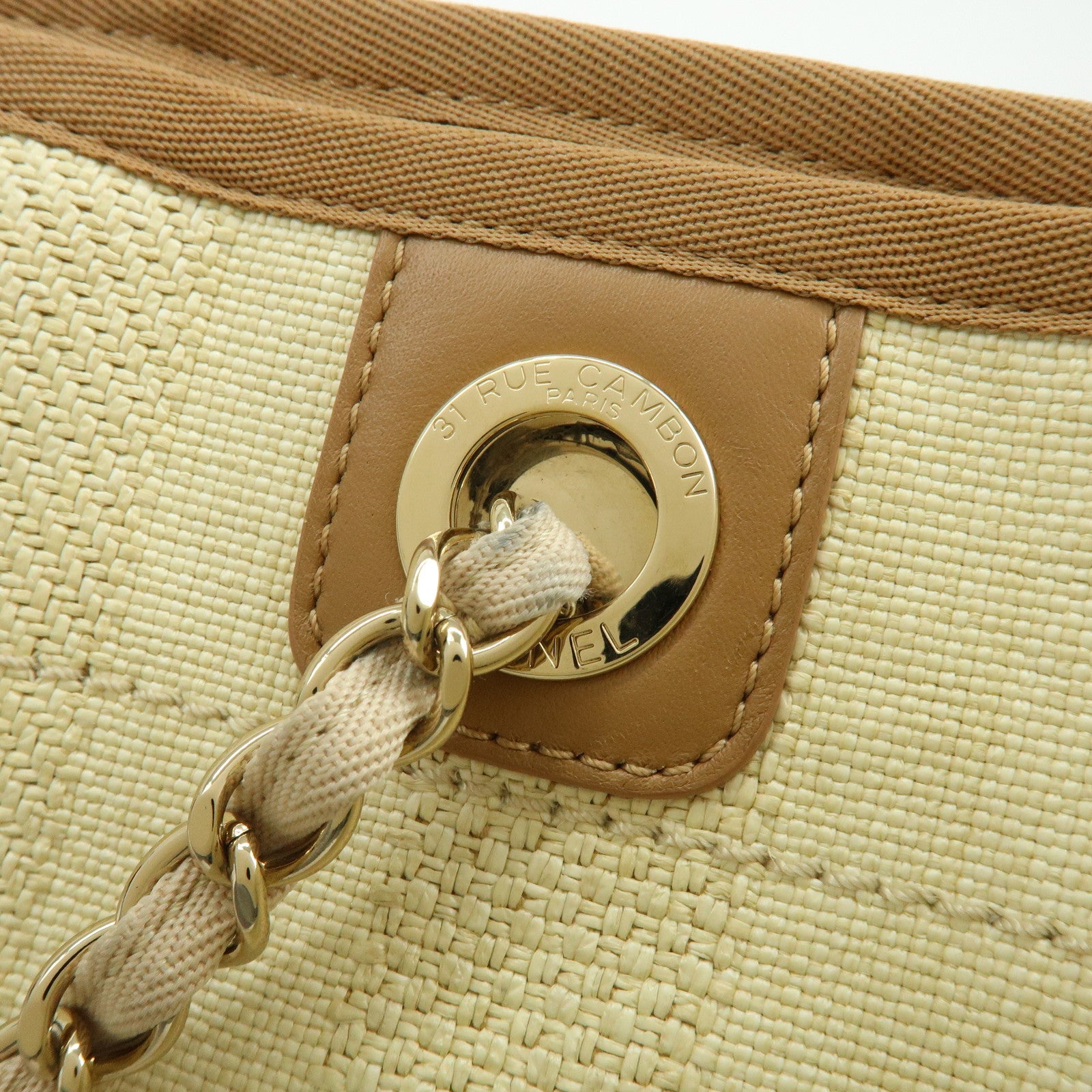 CHANEL Deauville MM Straw Leather Tote Shoulder Bag Beige A67001
