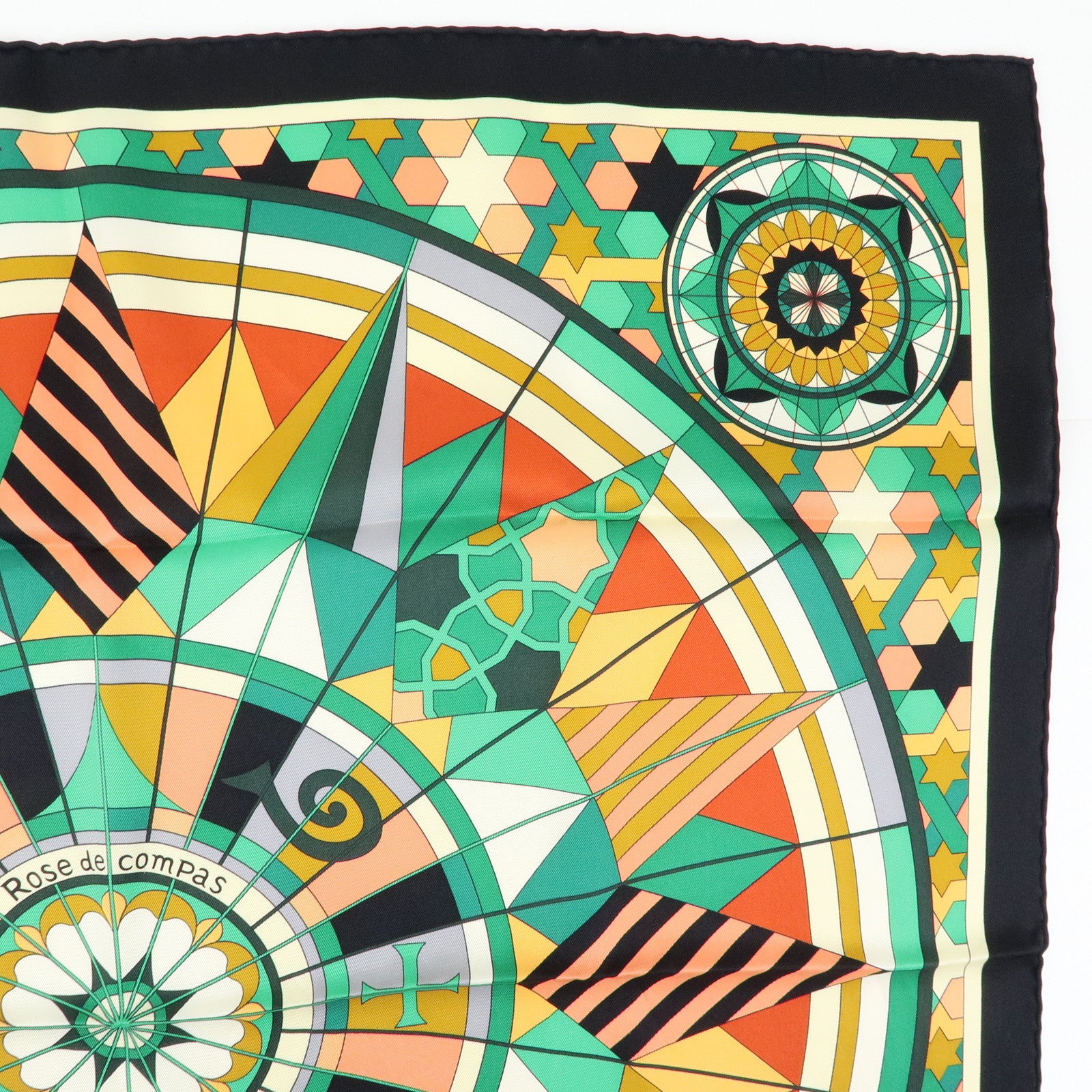 HERMES Carre 70 Silk 100% Scarf ROSE DE COMPAS Black Green