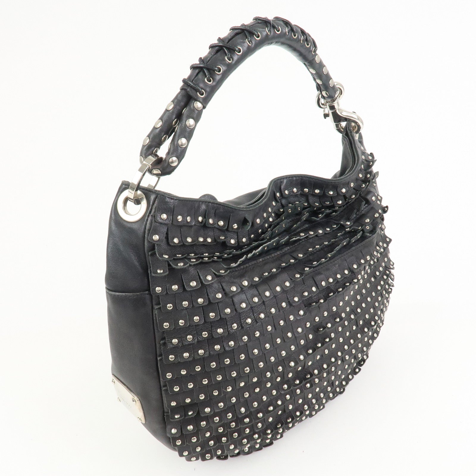 JIMMY CHOO Studs Leather Shoulder Bag Hand Bag Black