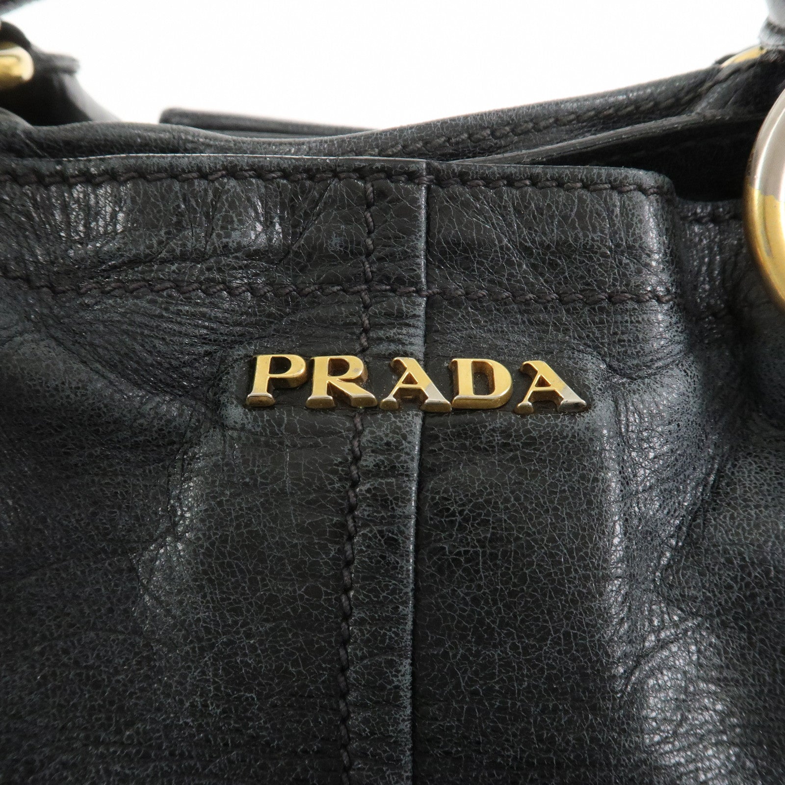 PRADA Logo Leather Tote Bag Shoulder Bag Black