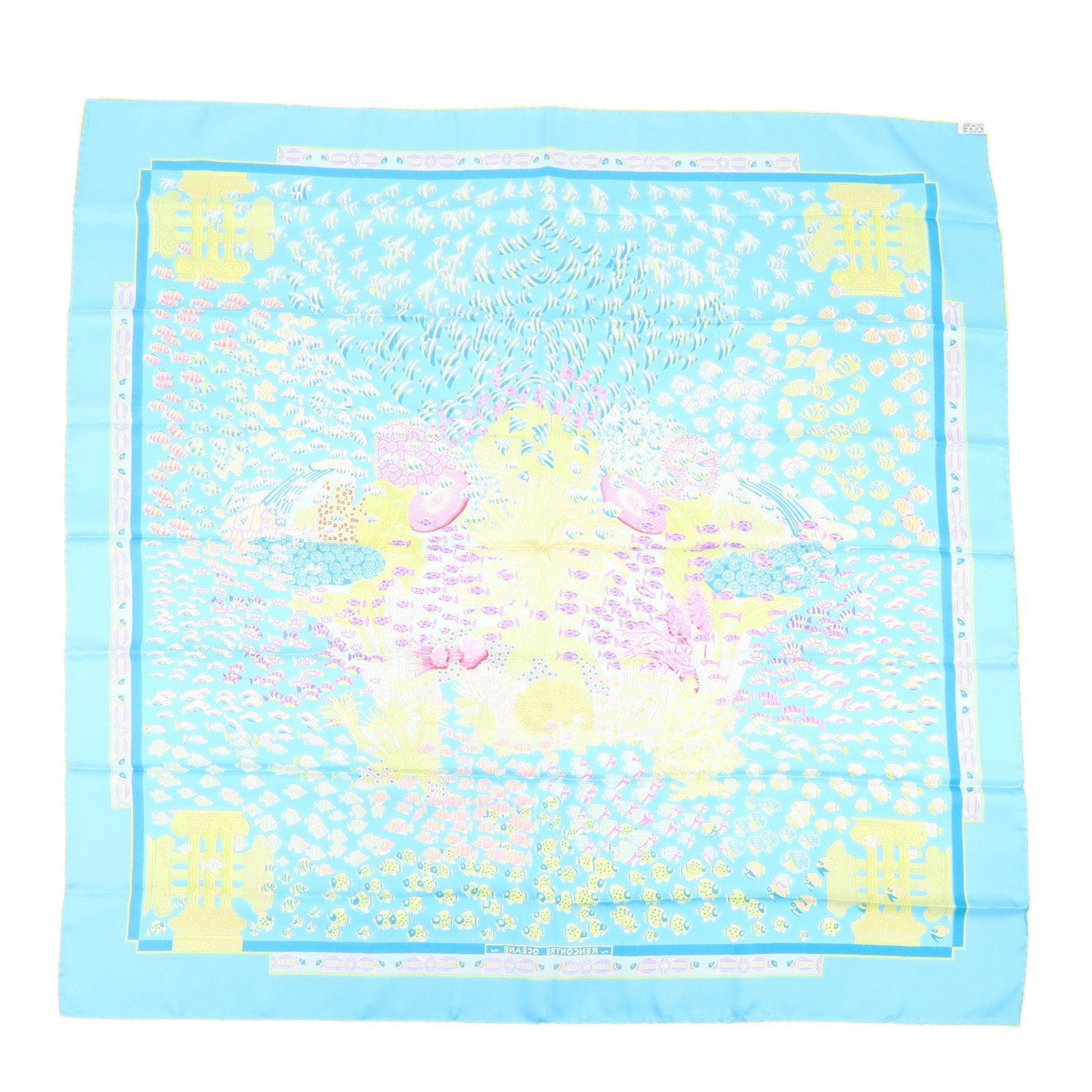HERMES Carre 90 Silk 100% Scarf RENCONTRE OCEANE Light Blue Yellow