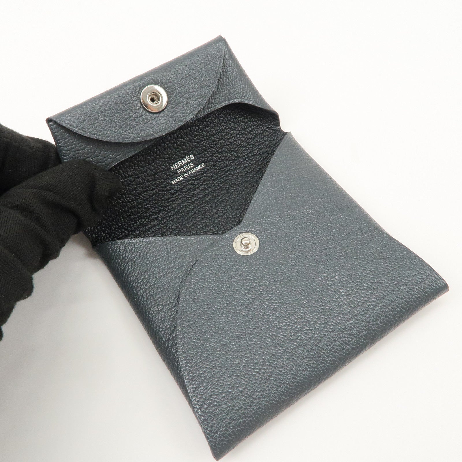HERMES Bastia Chevre Leather Coin Case Wallet W Stamped Gray