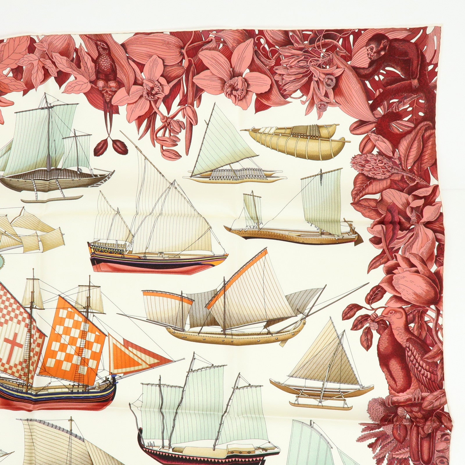 HERMES Carre 90 Silk 100% Scarf Tous Les Bateaux du Monde White Red