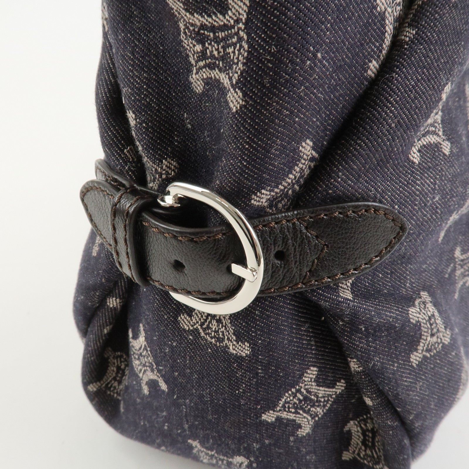 CELINE Macadam Denim Leather Tote Bag Hand Bag Navy Dark Brown