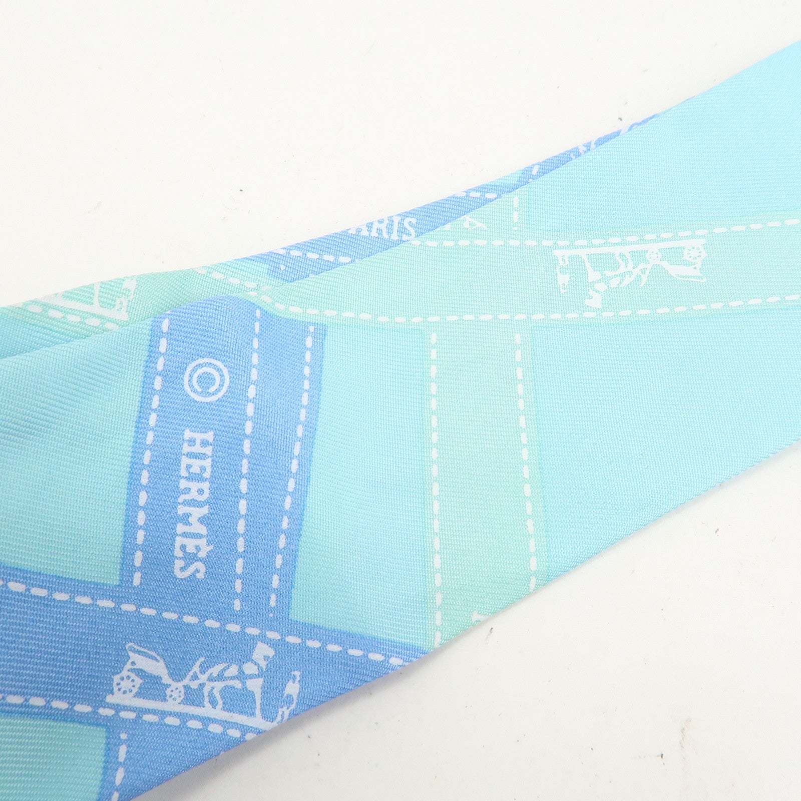 HERMES Twilly Silk 100% Scarf Bolduc Pattern Light Blue