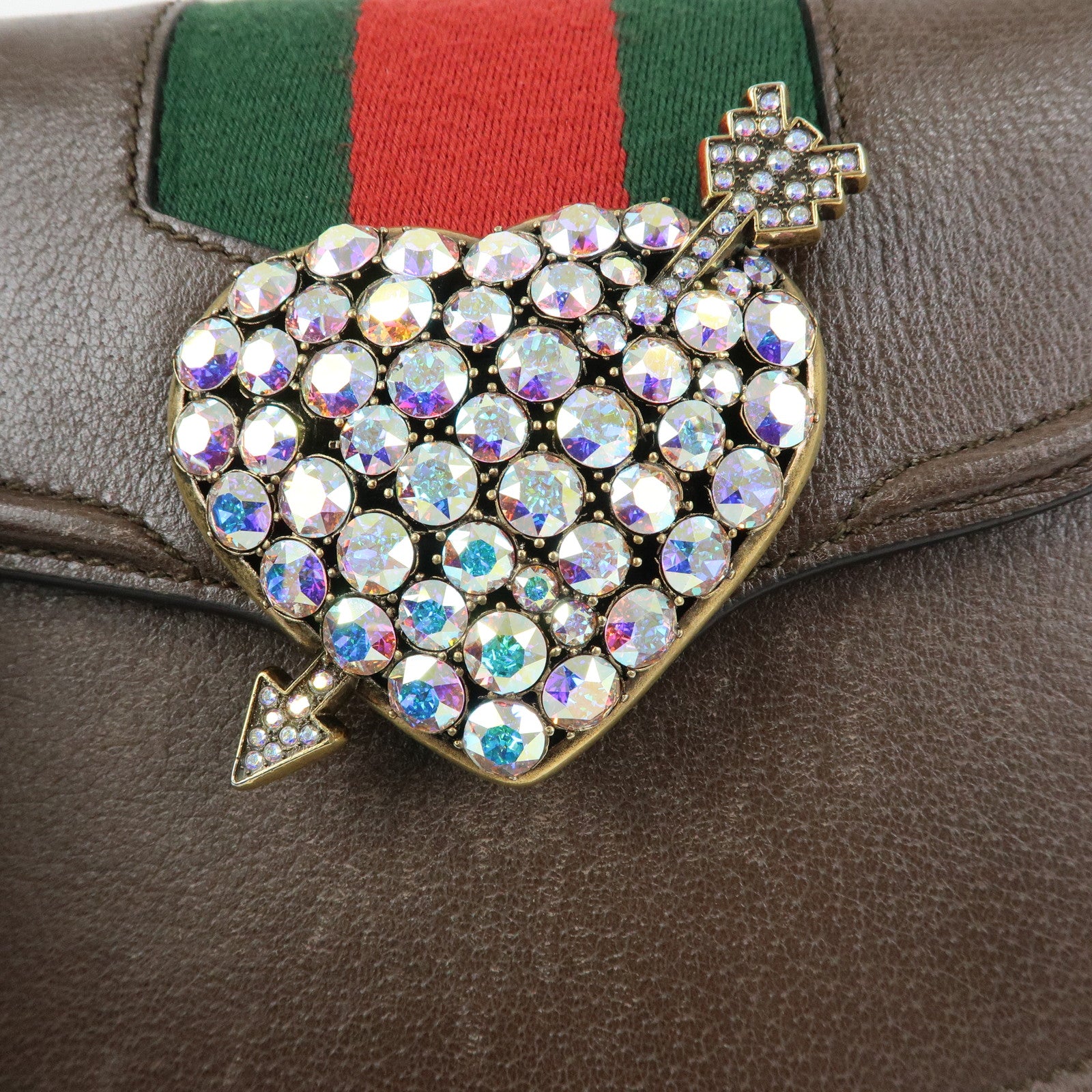 GUCCI Sherry Leather Shoulder Bag Totem Crystal Heart Brown 500756
