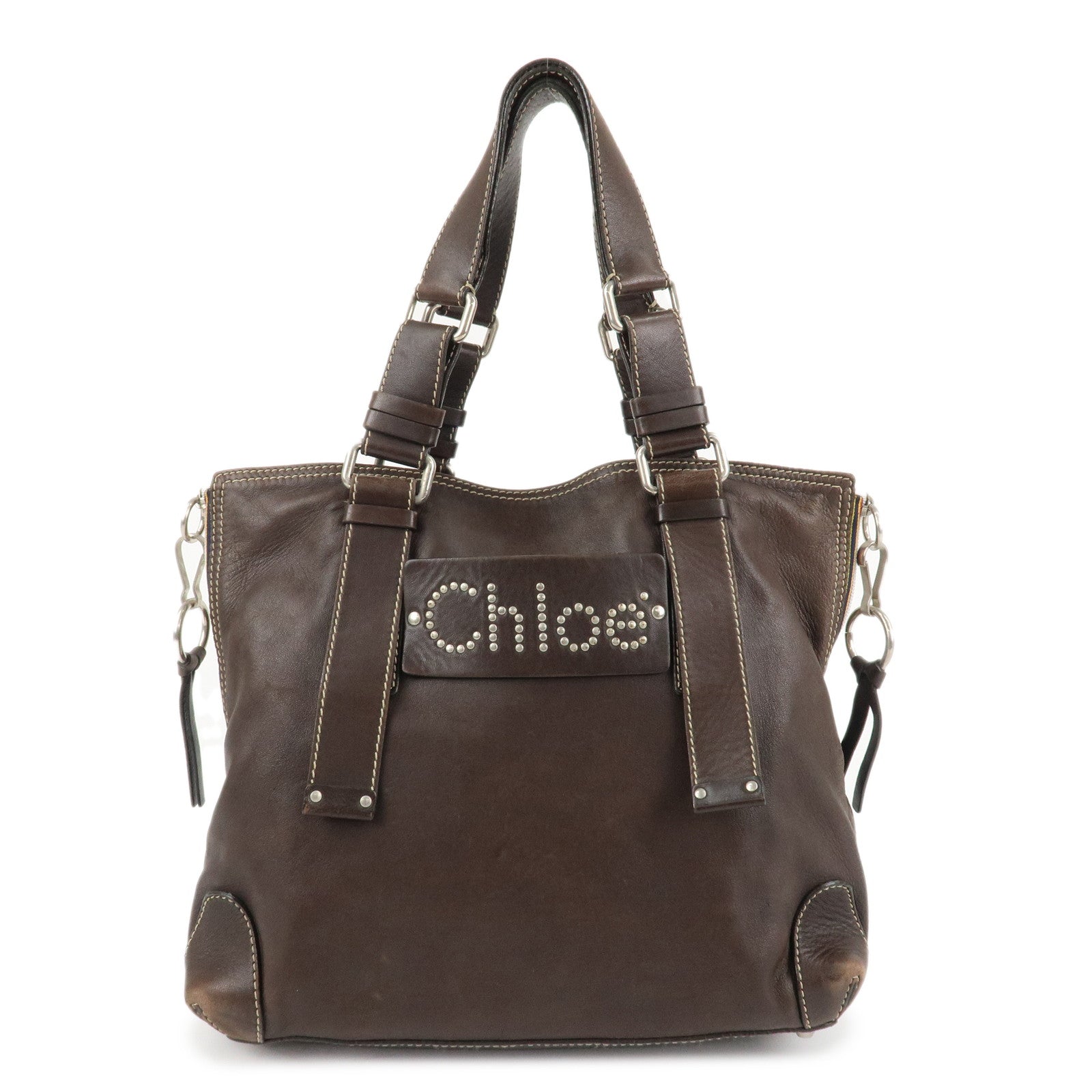 Chloe Patsy Studs Logo Leather Tote Bag Shoulder Bag Brown Used