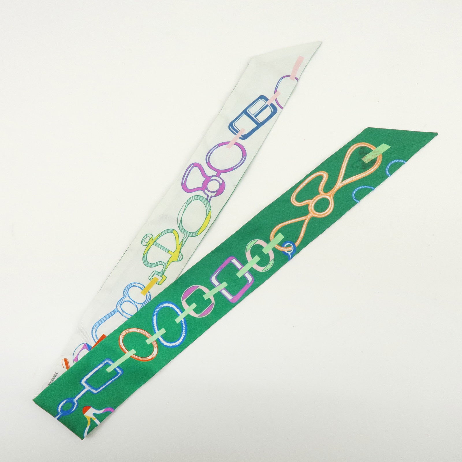 HERMES Twilly Silk 100% Scarf DO RE BOUCLES Green Ivory