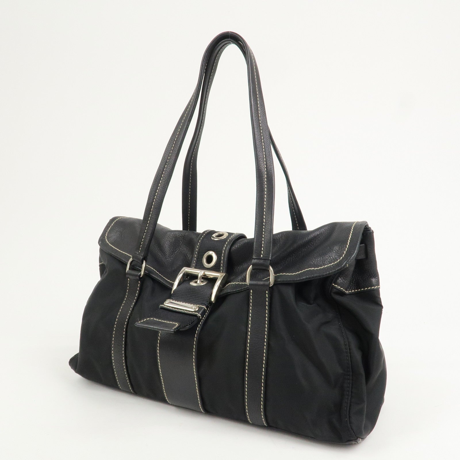 PRADA Triangle Logo Nylon Leather Shoulder Bag Black BR2418