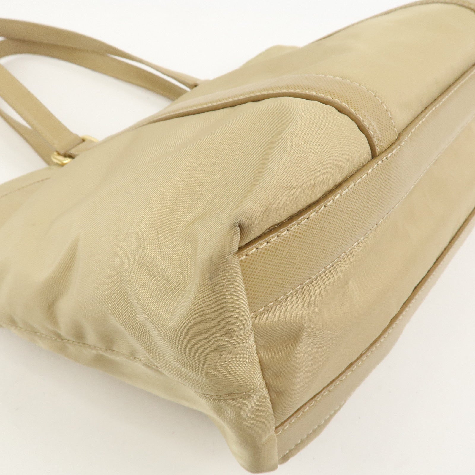 PRADA Triangle Logo Nylon Saffiano Leather Tote Bag Beige BR2311