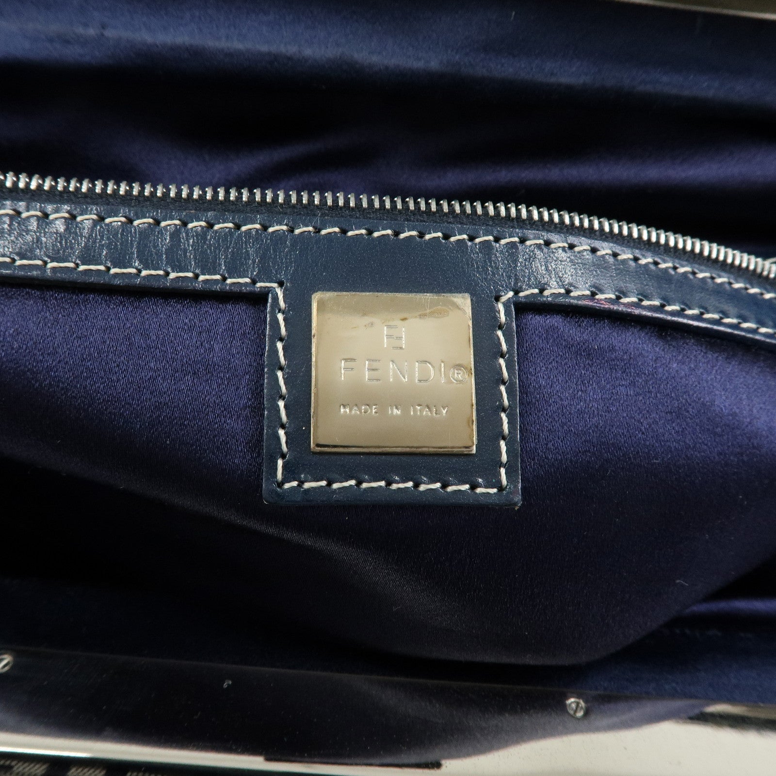 FENDI Zucchino Canvas Leather Tote Bag Shoulder Bag Boston Bag Navy