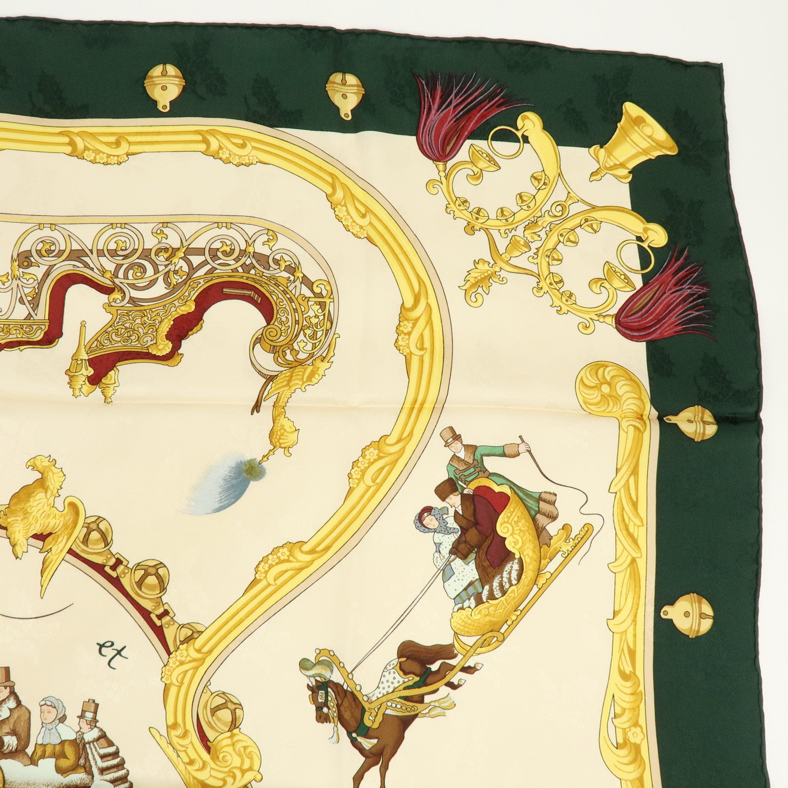 HERMES Carre 90 100% Silk Scarf Plumes et Grelots Moss Green Beige
