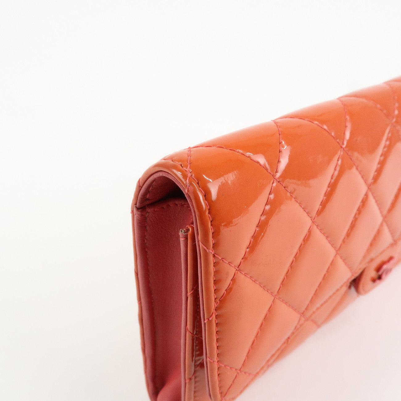 CHANEL Matelasse Patent Leather Long Wallet Card Case Pouch Orange Used