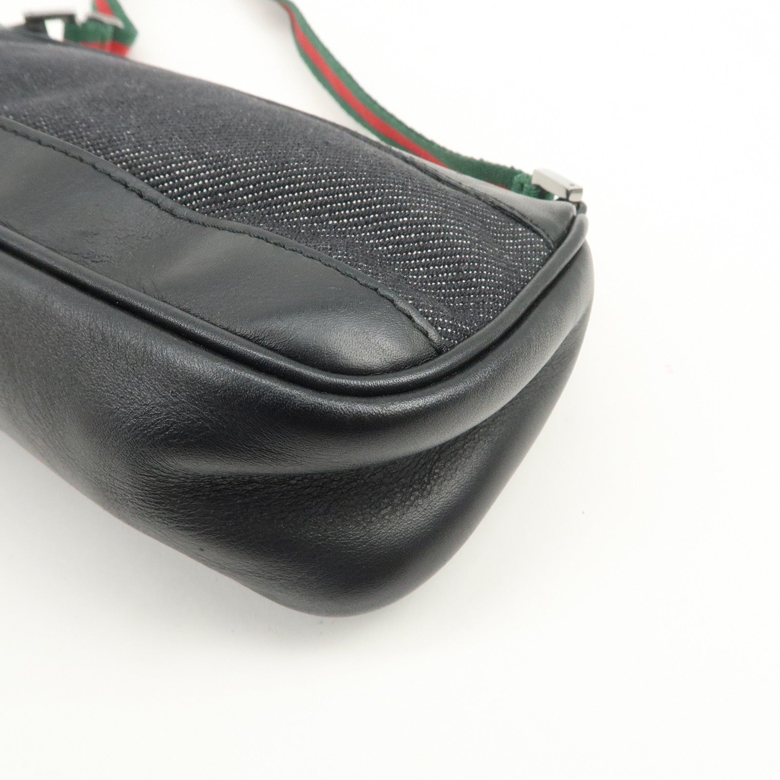 GUCCI Sherry Leather Denim Accessory Pouch Hand Bag Black 92820