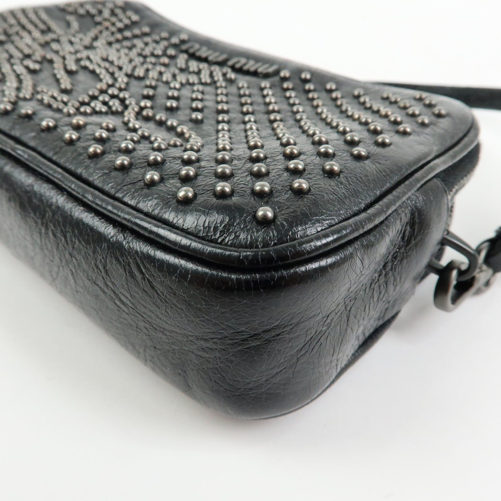 MIU MIU Logo Leather Mini Hand Bag Pouch Studs Black