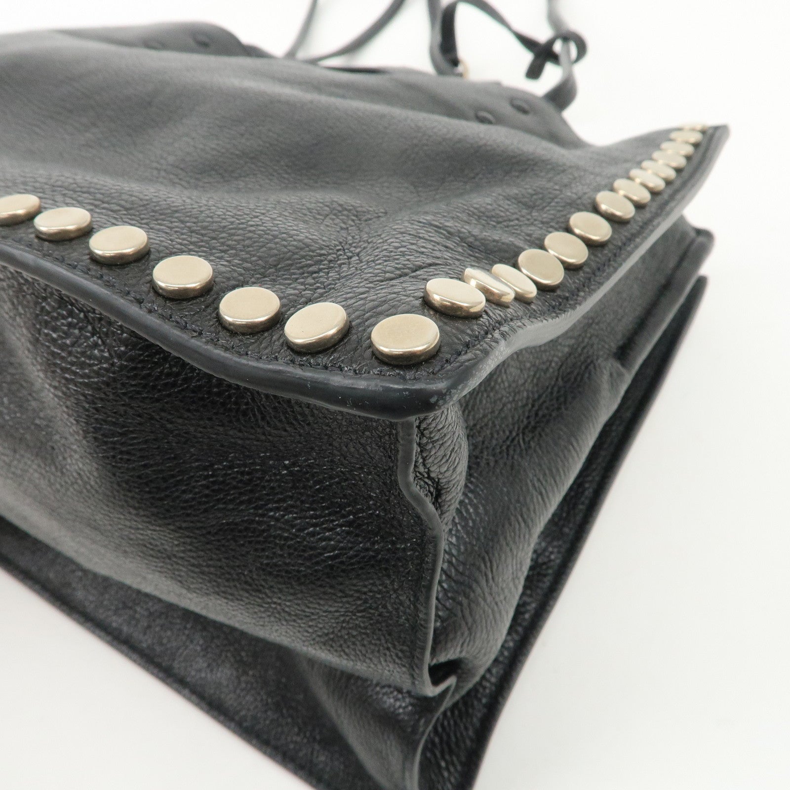 PRADA Logo Etiquette Leather Tote Bag Studs Black 1BG121