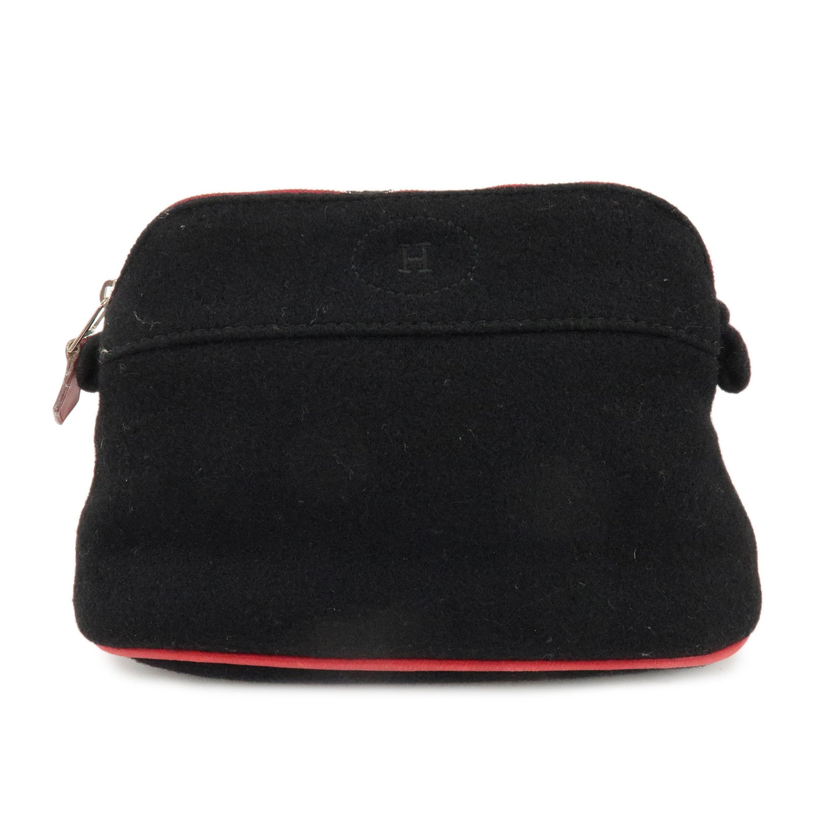 HERMES Bolide Pouch MM Wool Leather Cosmetic Pouch Black Red