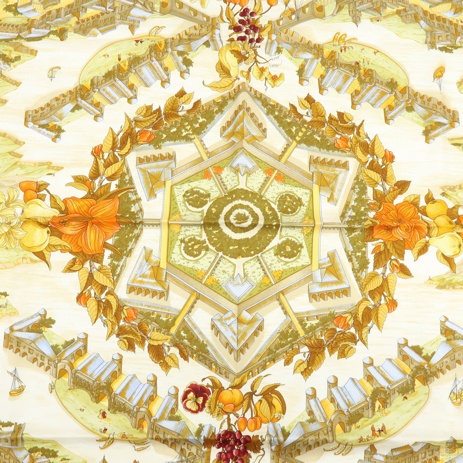 HERMES Carre 90 Silk 100% Scarf Au Pays de Cocagne Blue Brown