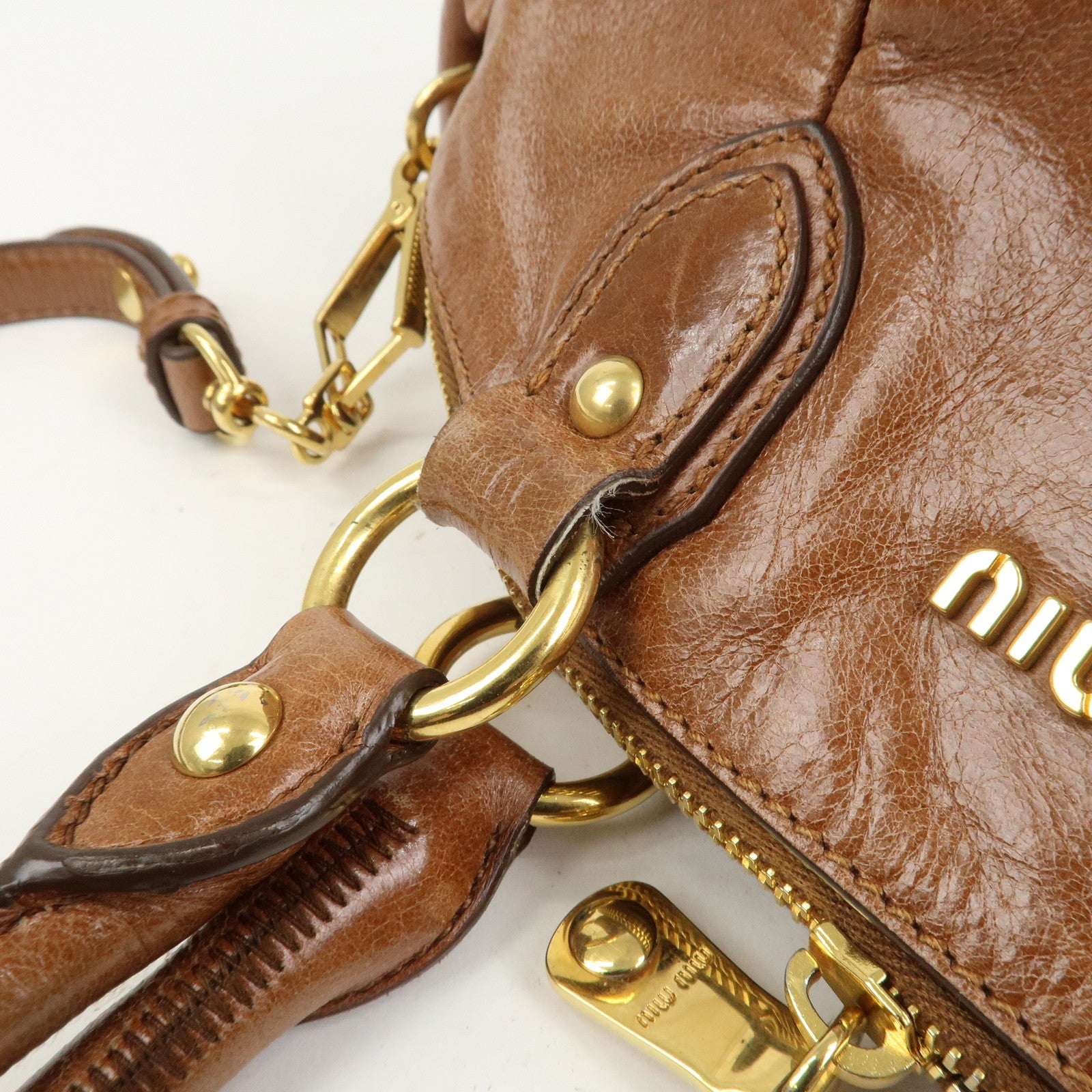 MIU MIU Logo Leather 2Way Bag Hand Bag Shoulder Bag Brown