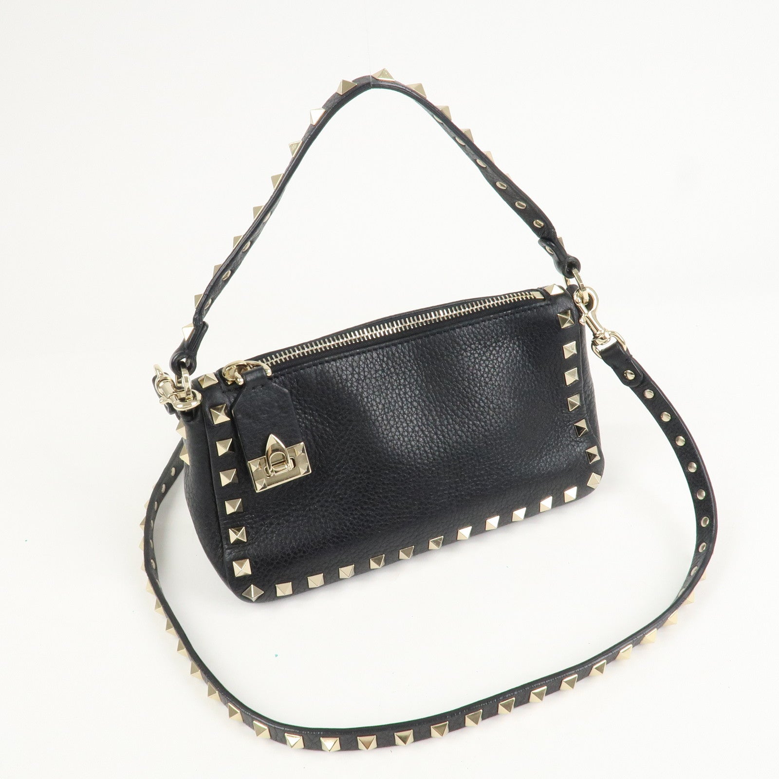 VALENTINO Rock Studs Grained Calf Leather 2Way Shoulder Bag Black