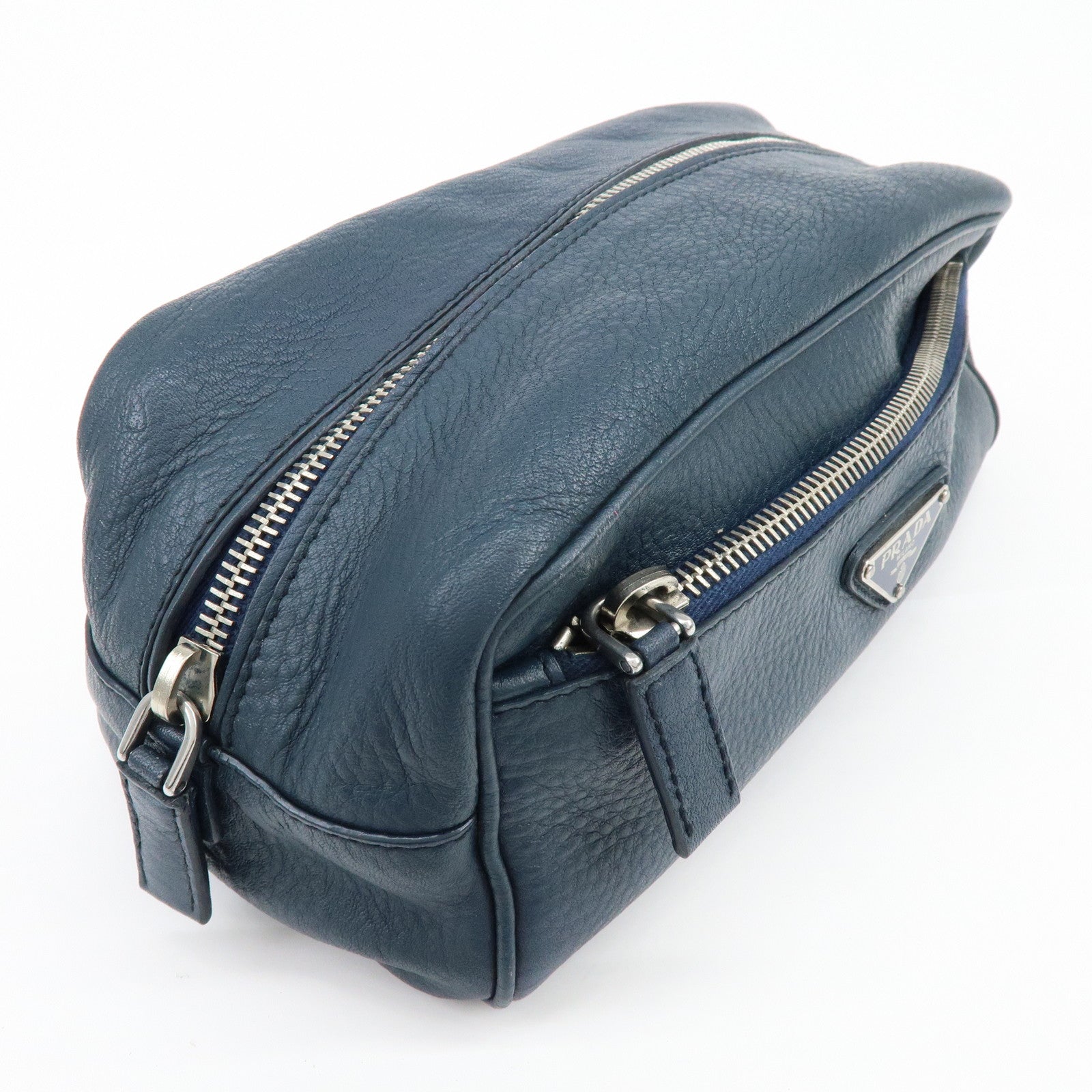 PRADA Triangle Logo Leather Cosmetic Pouch Accessory Pouch Navy