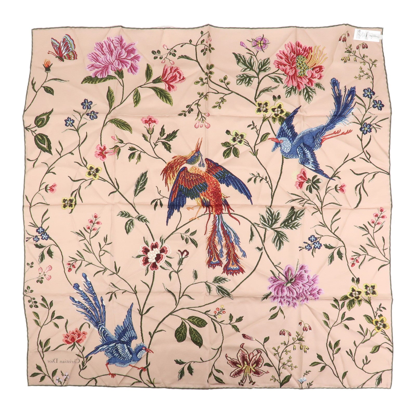 Christian Dior Logo Silk 100%  Bird-and-Flower Scarf Pink