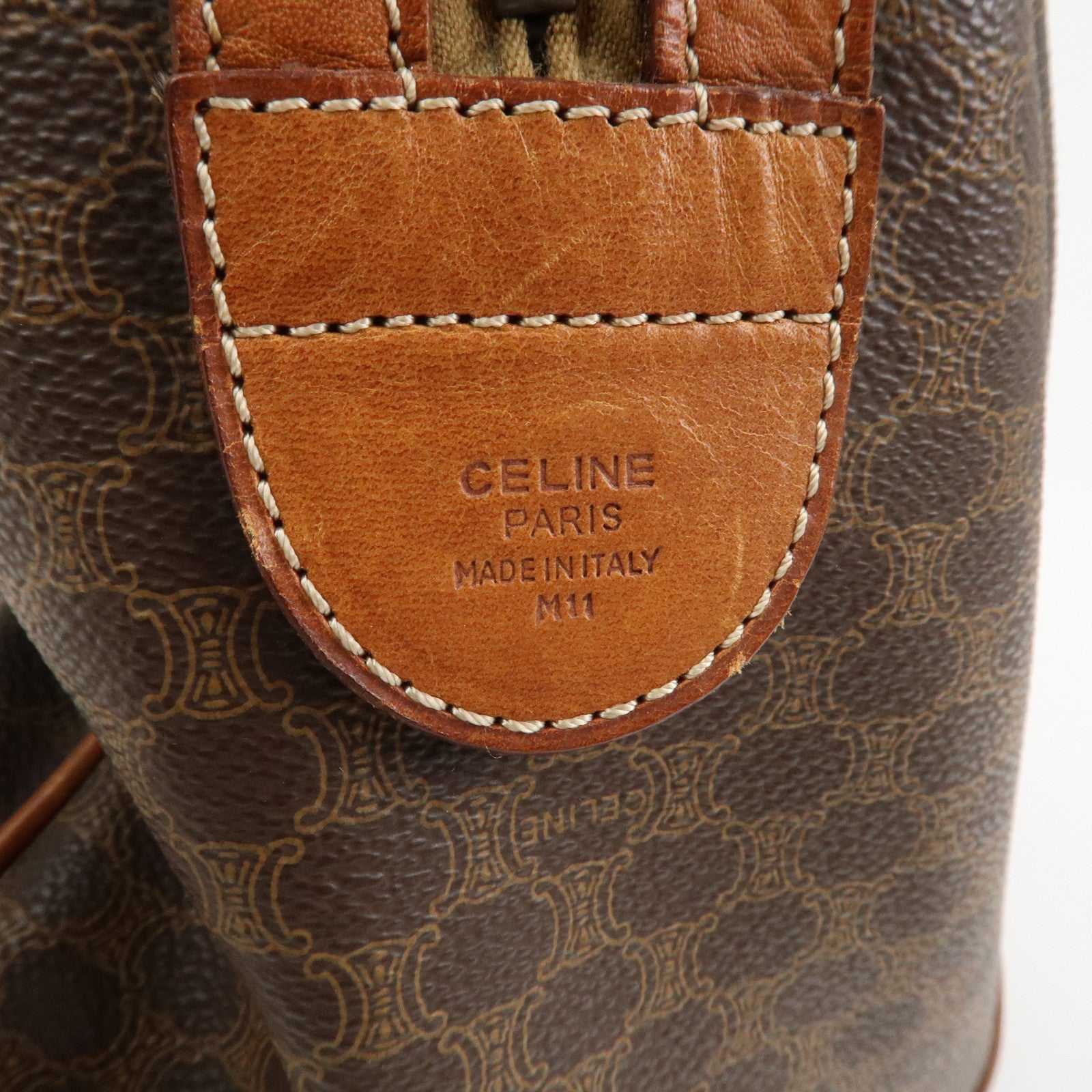 CELINE Macadam PVC Coating Canvas Leather Boston Bag Brown