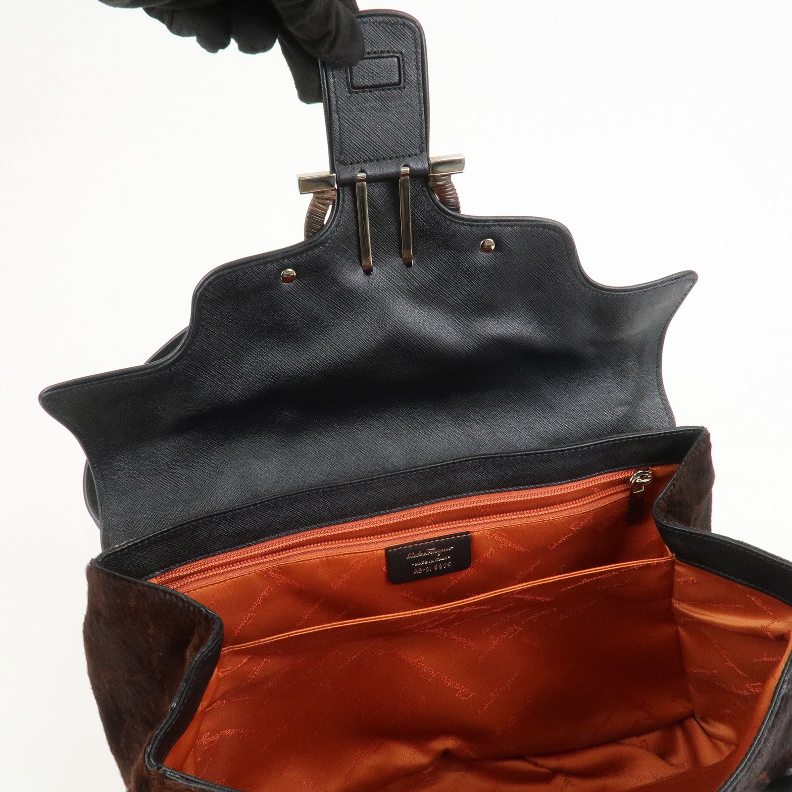 Ferragamo Gancini Logo Unborn Calf Leather Shoulder Bag Brown