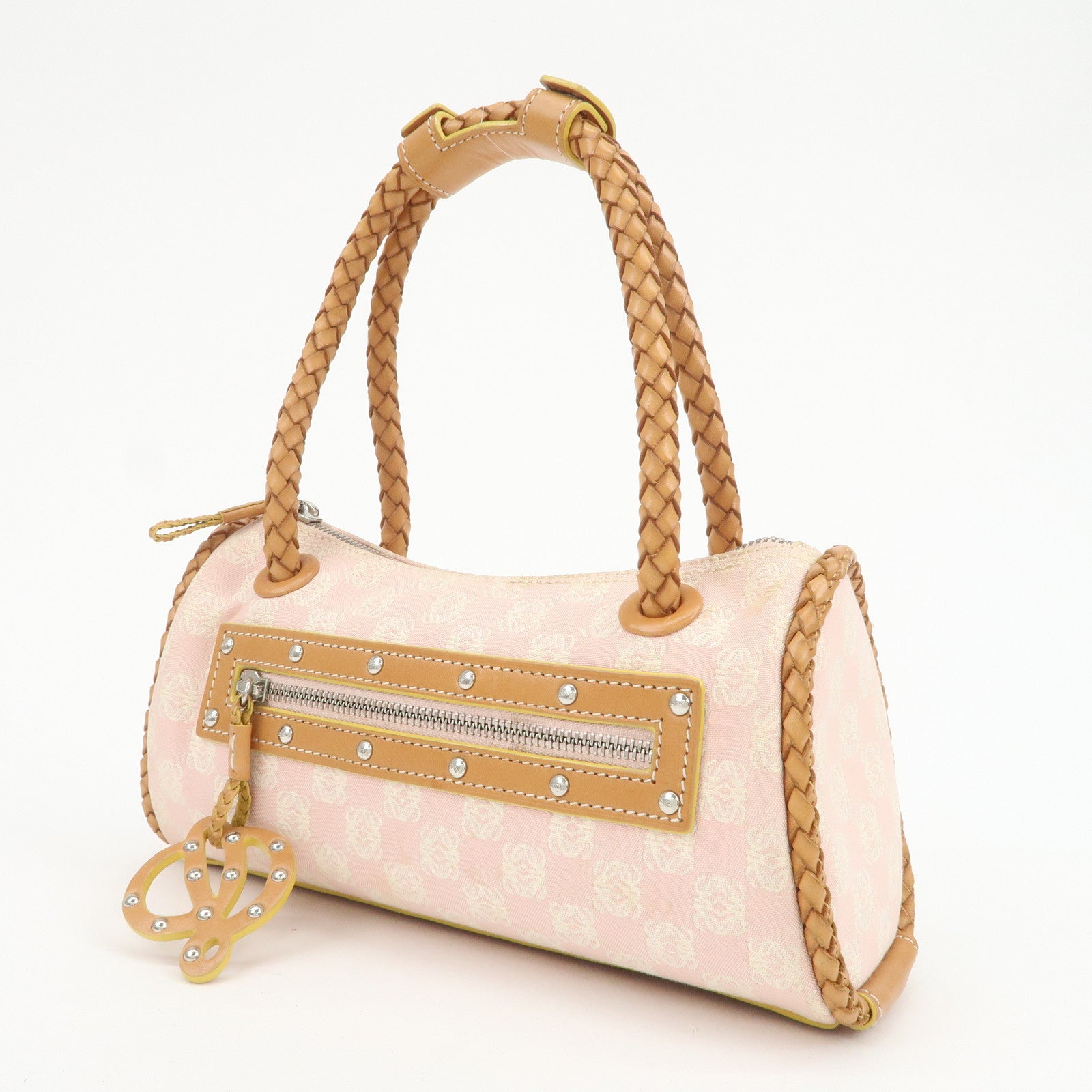 LOEWE Anagram Canvas Leather Hand Bag Boston Bag Pink Brown