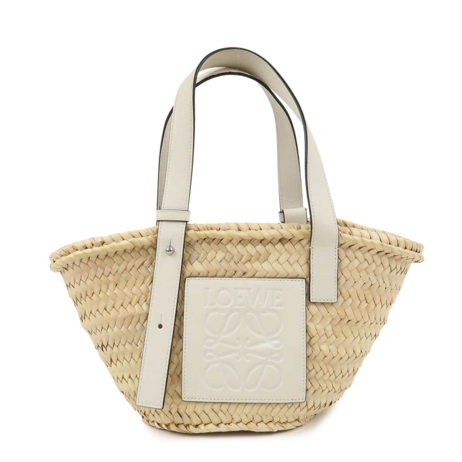 LOEWE Raffia Leather Small Basket Bag Hand Bag Natural White