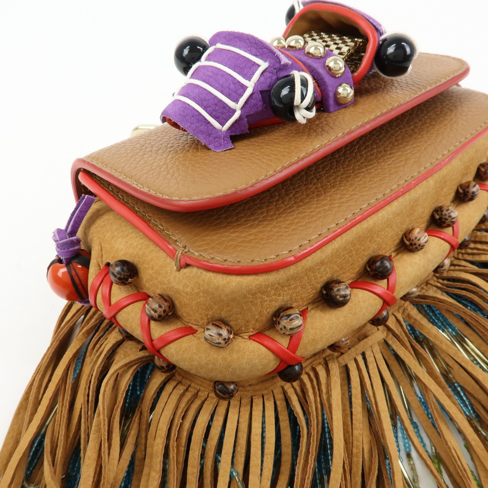 Christian Louboutin Leather Beaded Fringe Shoulder Bag Brown