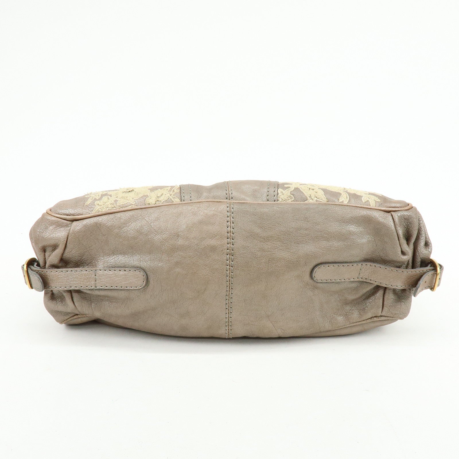 VALENTINO Flower Embroidery Leather Hand Bag Shoulder Bag Greige