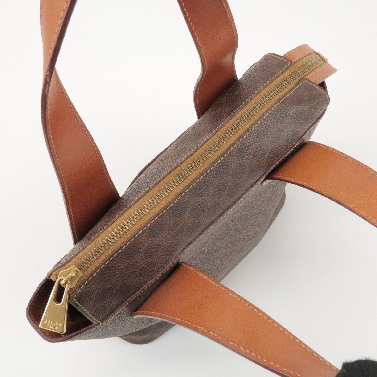 CELINE Macadam PVC Coated Canvas Leather Hand Bag Tote Bag Brown