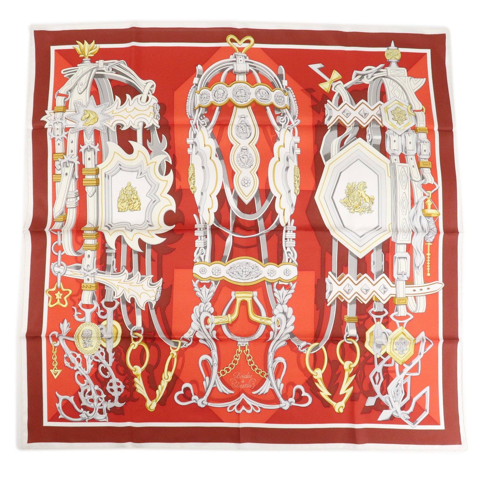 HERMES Carre 90 Silk 100% BRIDES ET DESTIN Red Used