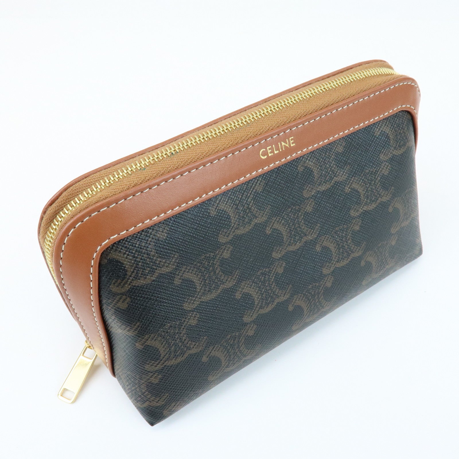 CELINE Triomphe PVC Calf Leather Cosmetic Pouch Accessory Pouch Tan