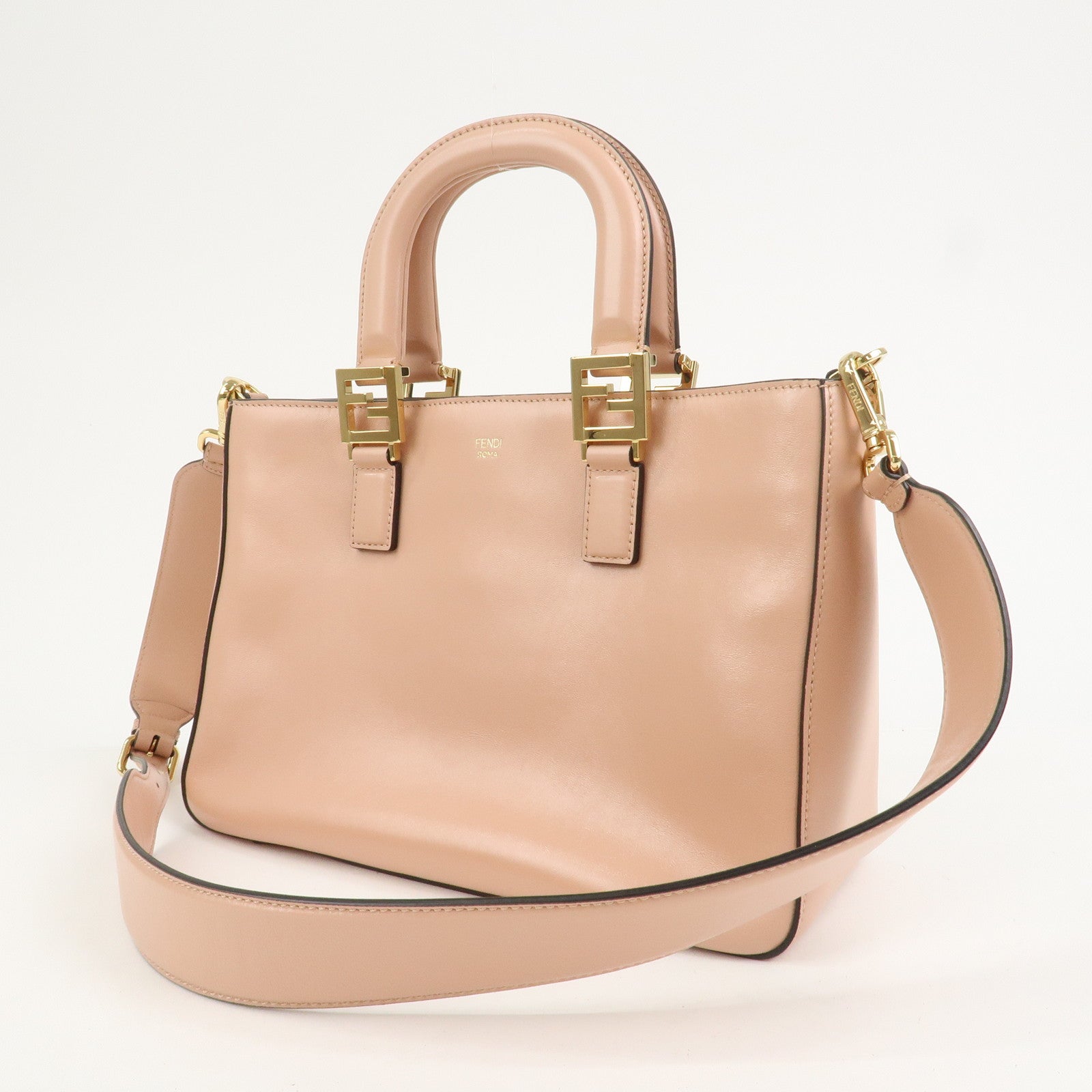 FENDI Leather 2Way FF Tote Small Hand Bag Shoulder Bag Pink 8BH367