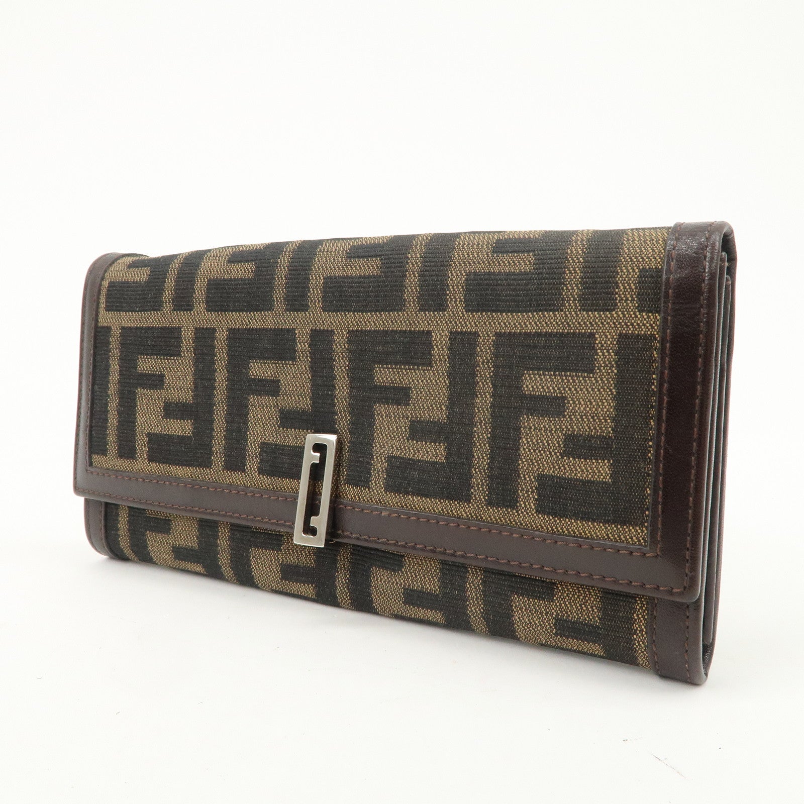 FENDI Zucca Canvas Leather Flap Long Wallet Brown 31084