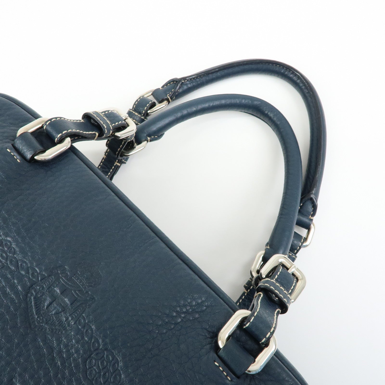 PRADA Calf Leather Boston Bag Shoulder Bag Hand Bag Navy BR3091