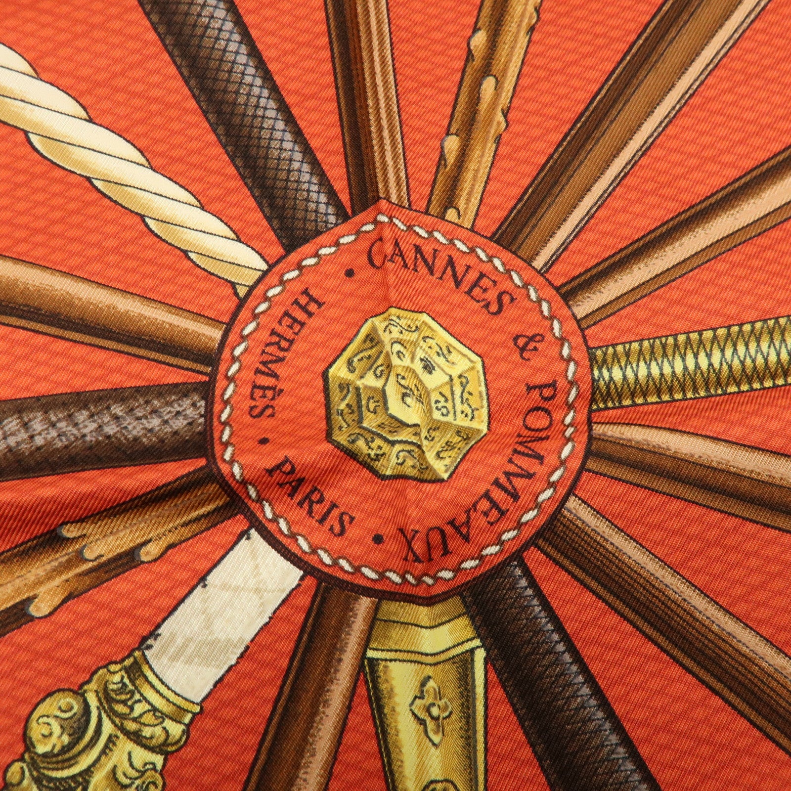 HERMES Carre 90 Silk 100% Scarf CANNES ET POMMEAUX Black Red Brown