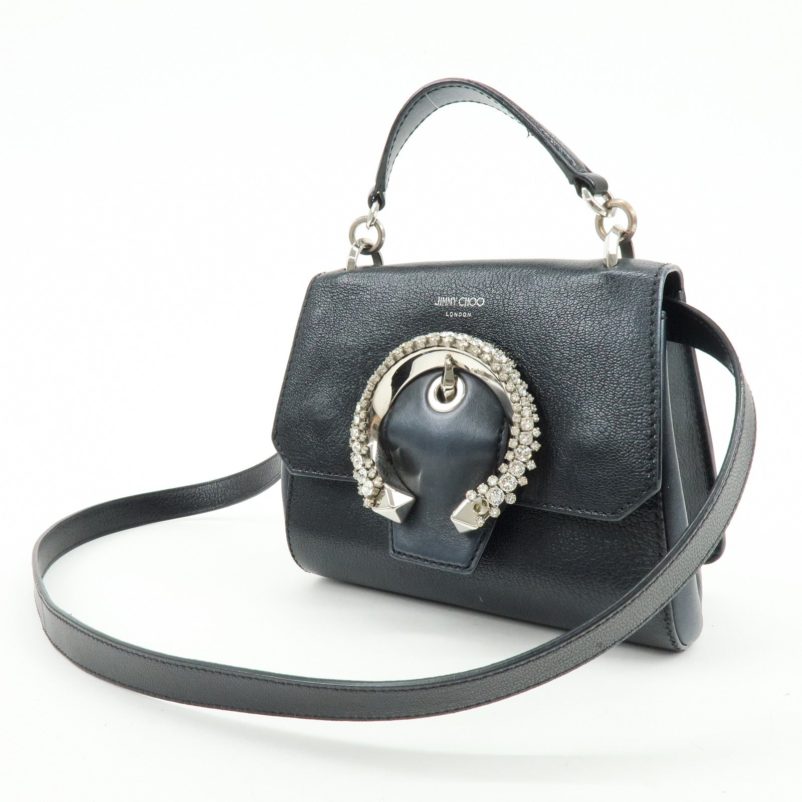 Jimmy Choo Madeline Leather Rhinestone 2Way Hand Shoulder Bag Black