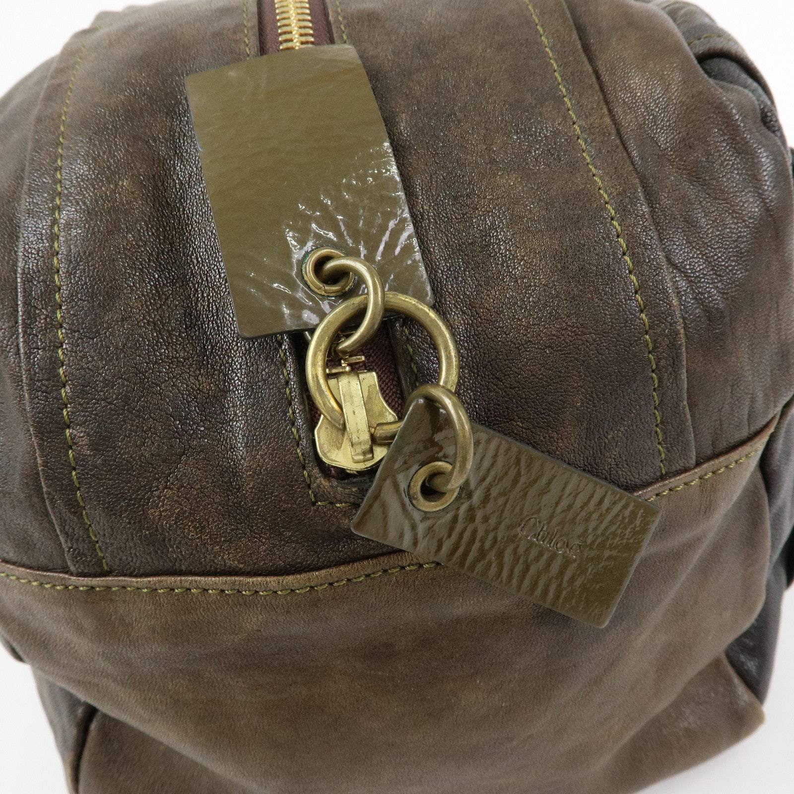 Chloe Leather Patent Leather Boston Bag Shoulder Bag Dark Brown