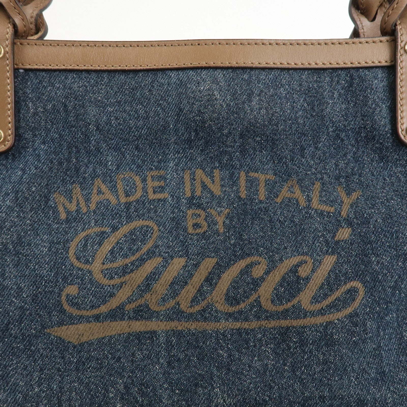 GUCCI Craft Denim Leather Tote Bag Hand Bag Navy Brown 348715